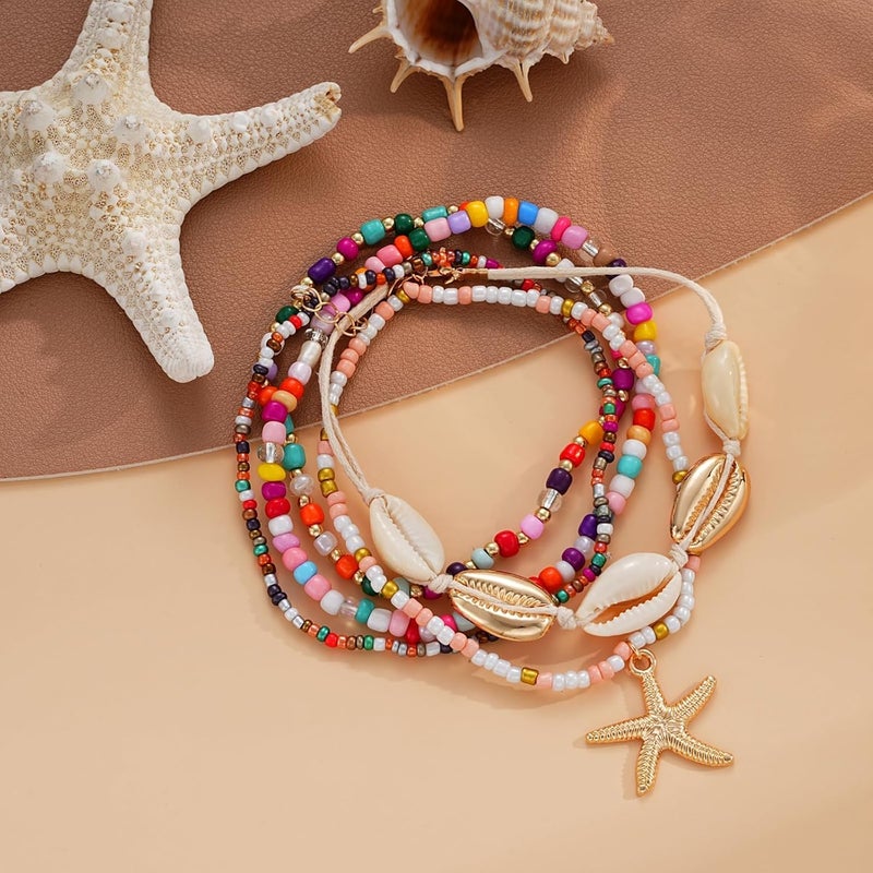 Shall Shell Boho Shell Ankle Bracelet Set for Women, 5 Pairs 14K Boho Bead Handmade Adjustable Anklet, Hawaiian Beach Seashell Starfish Foot Jewelry Gifts - Image 5